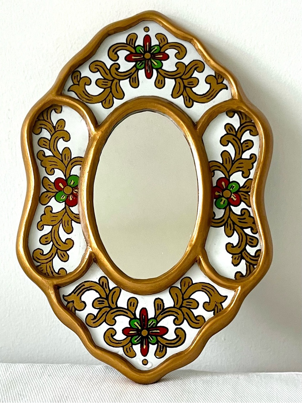 Peruvian Handcrafted Reverse-Painted Wall Mirror with Floral Motif